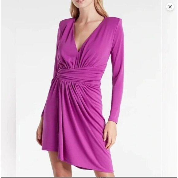 Express Dress Mini Draped V-Neck Strong Shoulder Purple SZ S NWT $88 Holiday - Picture 2 of 10